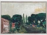 an image of a painting of a street with trees and buildings