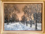 une peinture à l'huile représentant un paysage enneigé avec des arbres au premier plan