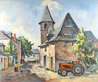a painting of a tractor parked in front of a building