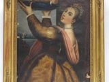 portrait d'une femme tenant une bouteille de vin, dans un cadre doré