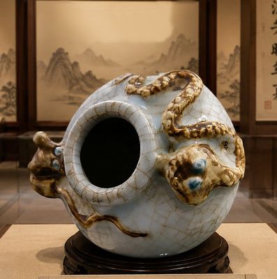 a white vase with a dragon on it on a pedestal
