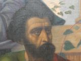 tableau représentant un homme portant un chapeau et une barbe, assis sur une chaise