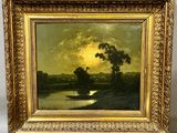 a painting of a river scene with a boat in the water