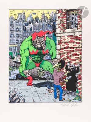 an image of a drawing of a man and a child in front of a building