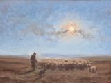 a painting of a man standing in a field with a flock of sheep