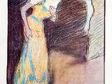 dessin représentant une femme en robe jaune debout devant une porte
