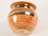 a brown vase with a gold lid sitting on a white surface