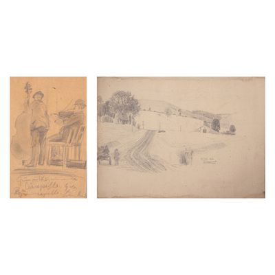 deux dessins représentant un homme et une femme debout sur une colline