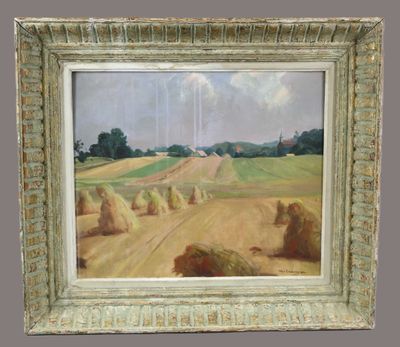 une peinture à l'huile représentant une scène de vie à la ferme, avec des balles de foin au premier plan