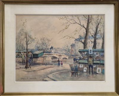 painting of a painting of a street scene with a bridge in the background