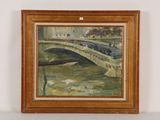 painting of a bridge over a river in a wooden frame