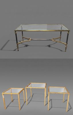 three different views of a coffee table with a glass top