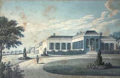 an old painting of a house with a man walking in front of it