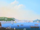 a painting of a view of a harbor with boats on the water