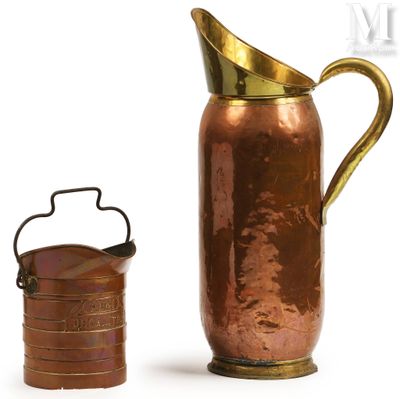 a copper pitcher next to a copper bucket on a white background