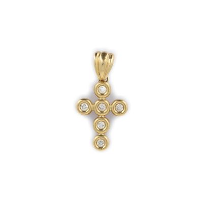 un pendentif en forme de croix en or jaune serti de diamants sur fond blanc