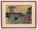 aquarelle encadrée représentant un jardin avec une fontaine et des fleurs