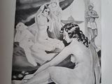 a drawing of a woman sitting on a bed