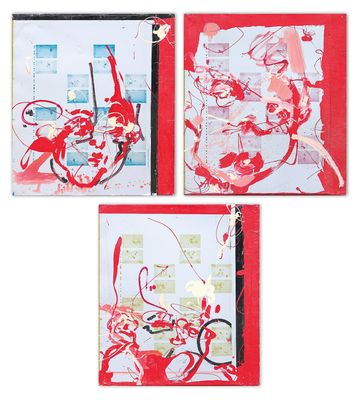 trois cartes rouges et blanches ornées de motifs rouges et blancs