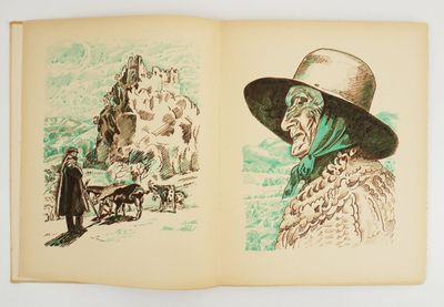 an open book with a drawing of a man in a hat and a horse drawn carriage