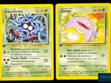 two pokemon cards with different designs on them on a black background