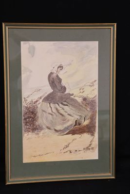 painting of a woman in a dress sitting on a hill