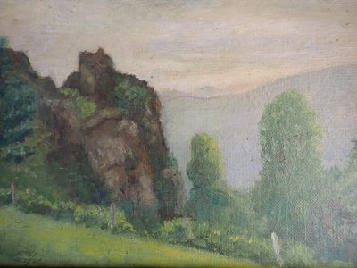 un tableau représentant un paysage de montagne avec un cheval au premier plan