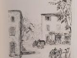 drawing of a street scene with a horse drawn carriage in the foreground