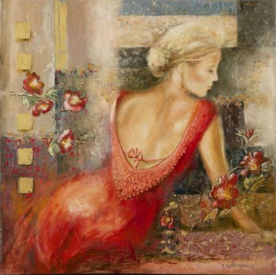 une image d'un tableau représentant une femme en robe rouge