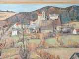 a painting of a village in the middle of a field