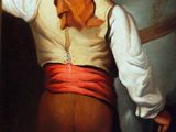 a painting of a man holding a white vase