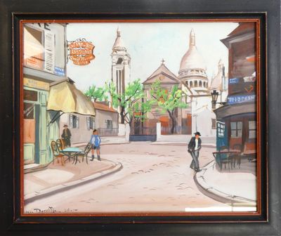 tableau représentant un homme à vélo dans une rue, près d'une église