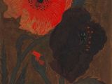 peinture représentant deux fleurs rouges et noires sur un fond marron