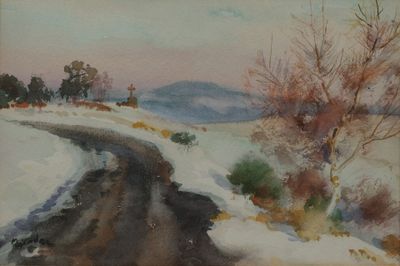 une image représentant un tableau d'une route enneigée