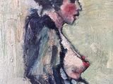 an oil painting of a woman in a black dress with a red breast