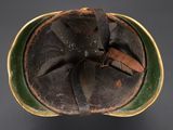 a close up of a helmet on a table