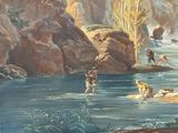 a painting of a group of people playing in a river