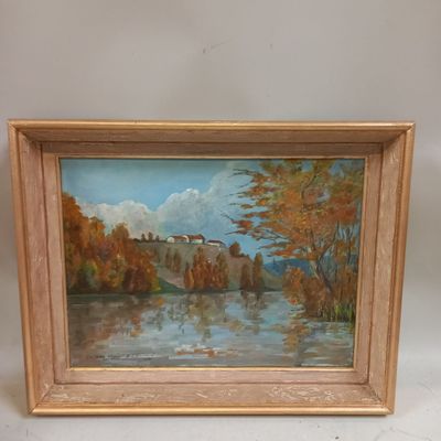 an oil painting of a river scene with a castle in the distance