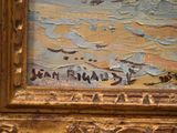an image of a painting of a beach scene with a boat in the water