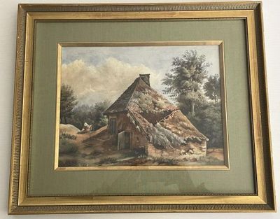 tableau encadré représentant une maison au toit de chaume avec des moutons au premier plan