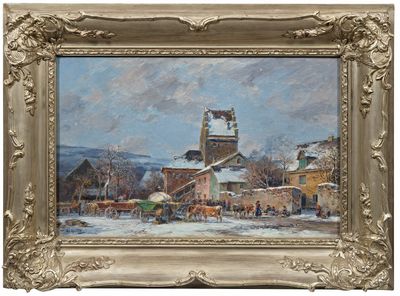 an image of a painting of a town with a clock tower in the background