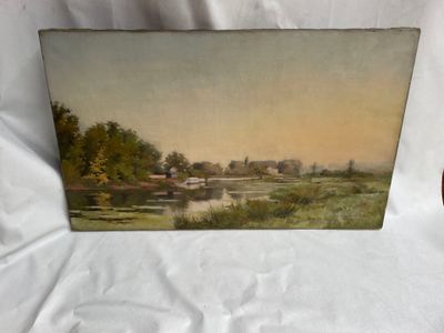 une peinture à l'huile représentant un paysage avec une rivière et une maison