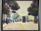 painting of a street scene with a trolley and cars on the road