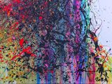 painting of a woman ' s face with colorful paint splatters on it