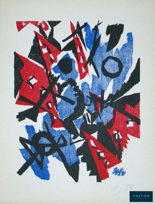 an image of a picture of a piece of art with red, blue and black paint