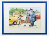 tableau représentant un groupe d'animaux marchant dans une rue en compagnie d'un homme en costume-cravate