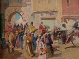 tableau représentant un groupe de personnes chevauchant des chameaux