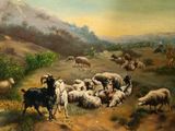 a painting of a herd of sheep in a field