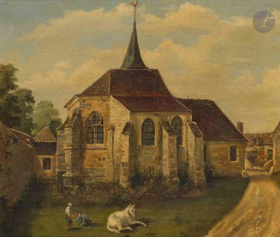 tableau représentant un cheval couché dans un champ, près d'une église