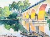 une peinture représentant un pont au-dessus d'une étendue d'eau